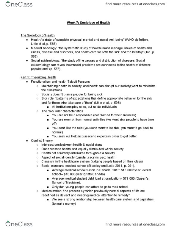 SOCI 1001 Lecture Notes - Lecture 7: Social Epidemiology, Ricky Ortiz, Medical Sociology thumbnail