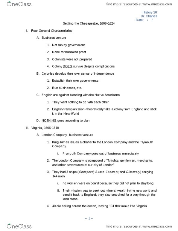 HIST 020 Lecture Notes - Starving Time, Opchanacanough, Headright thumbnail