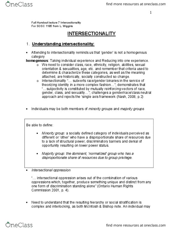 SOSC 1185 Lecture Notes - Lecture 7: Ontario Human Rights Commission, Intersectionality, Social Stratification thumbnail