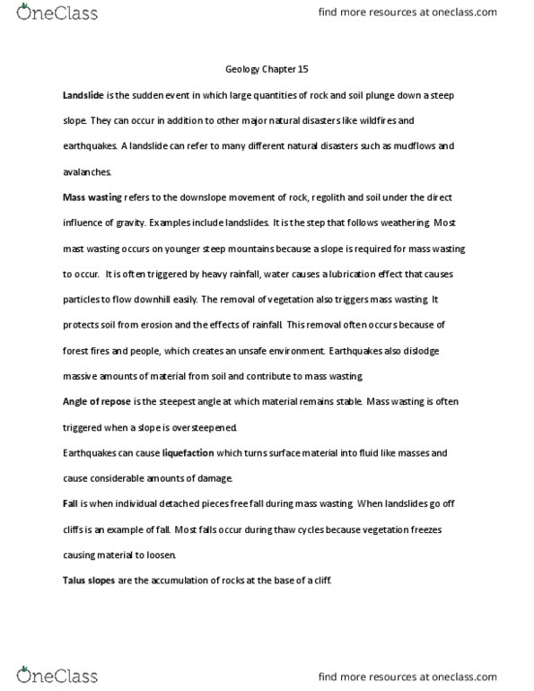 GEOL 1010 Chapter Notes - Chapter 15: Mass Wasting, Regolith, Debris Flow thumbnail