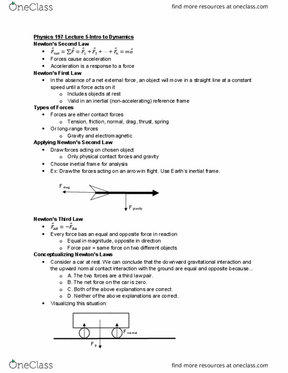 Physics 197 Lecture Notes - Lecture 5: Inertial Frame Of Reference, Net Force cover image