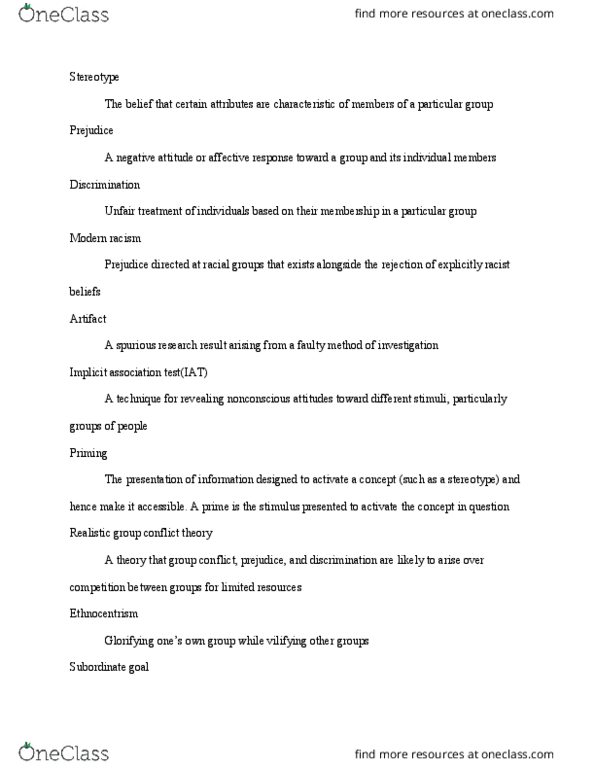 PSYC 2700 Chapter Notes - Chapter 11: Implicit-Association Test, Group Conflict, Ethnocentrism thumbnail