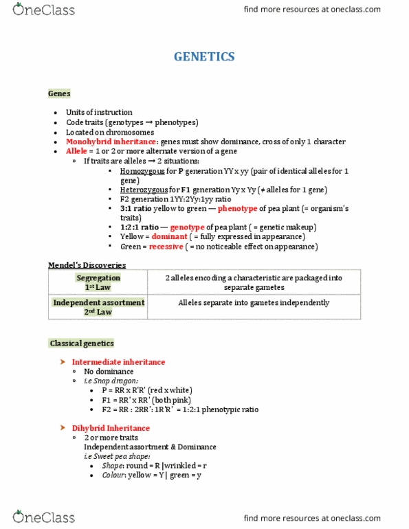 AEBI 120 Lecture Notes - Lecture 16: Sweet Pea, Mendelian Inheritance, Classical Genetics thumbnail