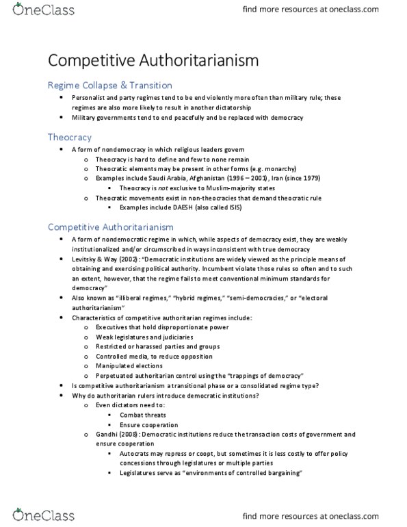 GVPT 280 Lecture Notes - Lecture 16: Islamic State Of Iraq And The Levant, Authoritarianism thumbnail