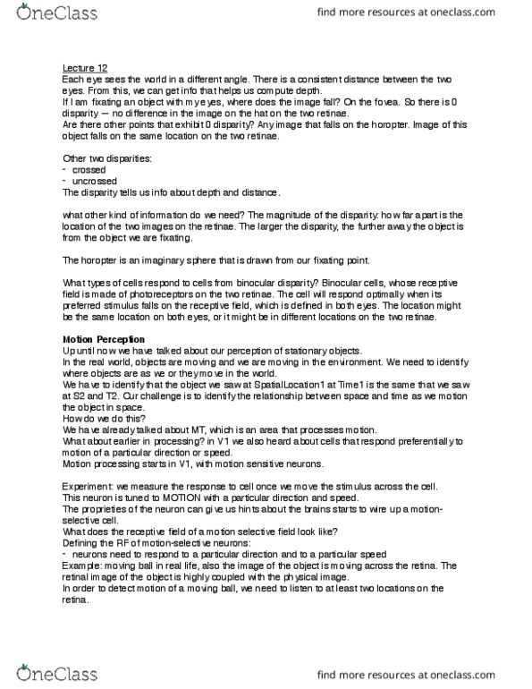 CAS PS 222 Lecture Notes - Lecture 13: Binocular Disparity, Horopter, Motion Perception thumbnail