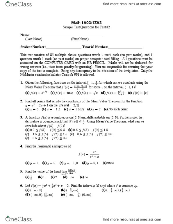 Math 1za3 Study Guide Fall 2018 Midterm Mean Value Theorem Pencil Riemann Sum