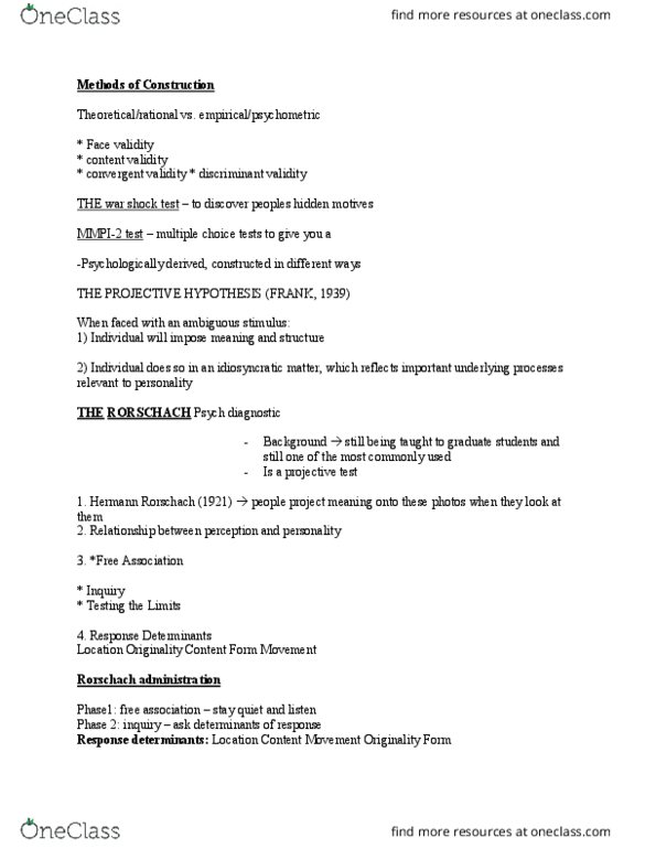 PSYC 2130 Lecture Notes - Lecture 3: Hermann Rorschach, Convergent Validity, Content Validity thumbnail