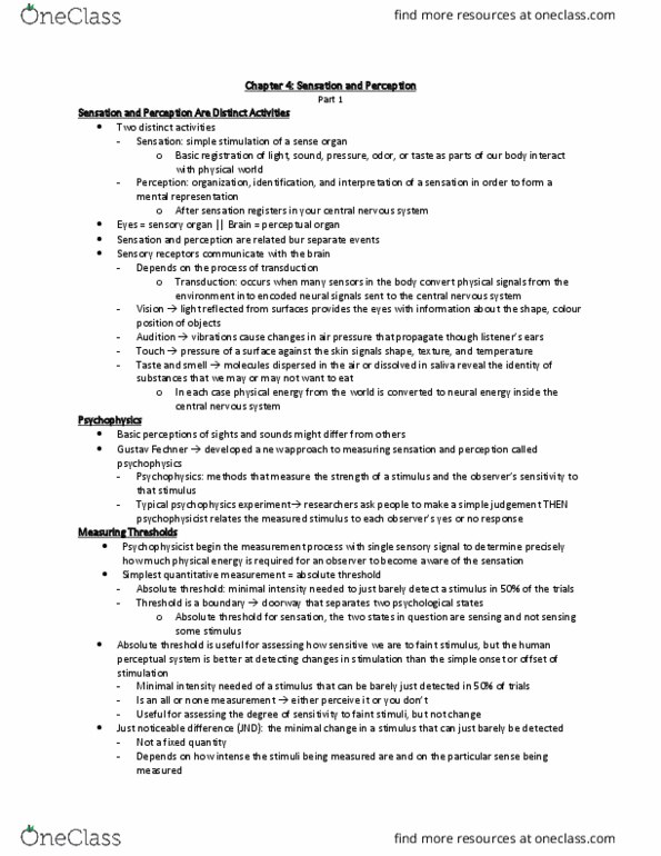 PSYC 100 Lecture Notes - Lecture 4: Gustav Fechner, Absolute Threshold, Psychophysics thumbnail