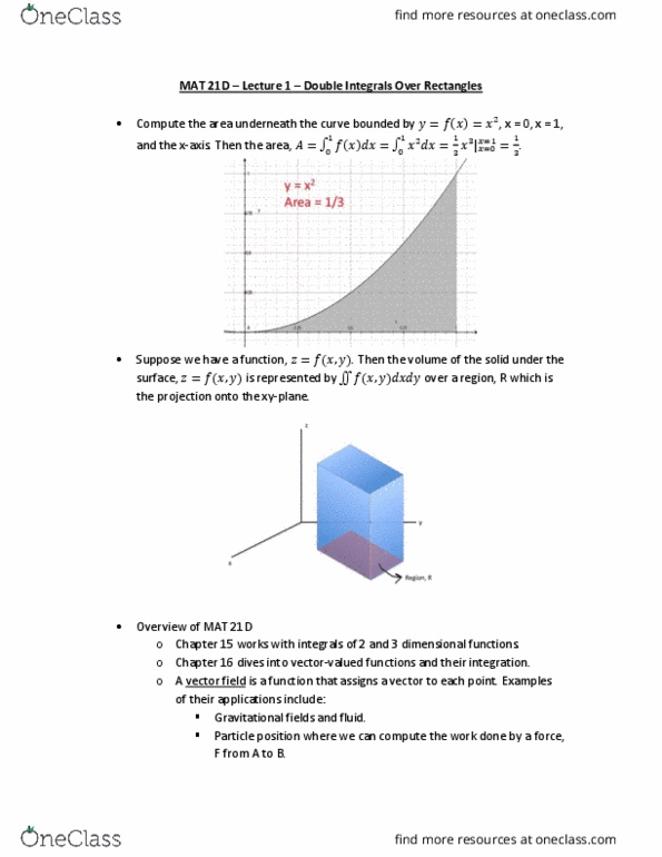 MAT 21D Lecture Notes - Lecture 1: Multiple Integral, Divergence Theorem, Riemann Sum cover image