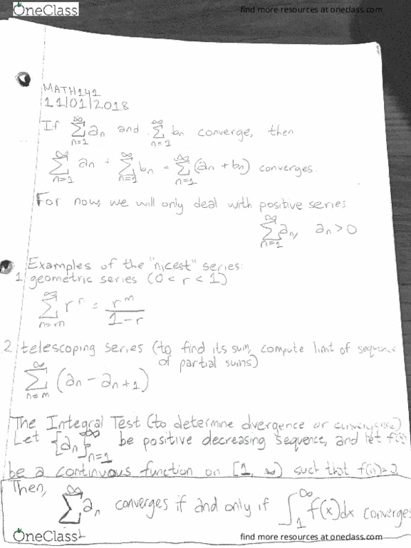 MATH 141 Lecture Notes - Lecture 17: Integral Test For Convergence cover image