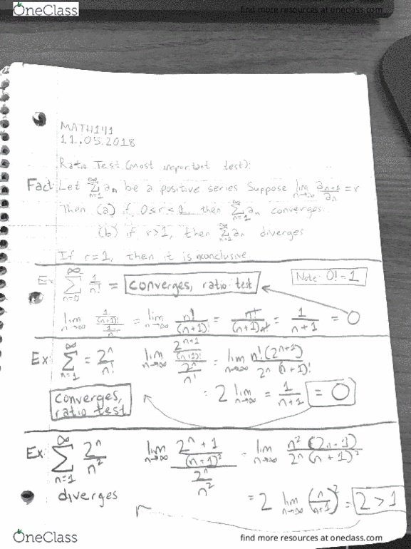 MATH 141 Lecture Notes - Lecture 18: Ratio Test cover image