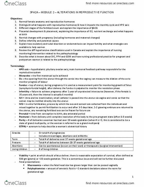 NURSING 3PA2 Lecture Notes - Lecture 2: Artificial Insemination, Gestational Hypertension, Gestational Age thumbnail