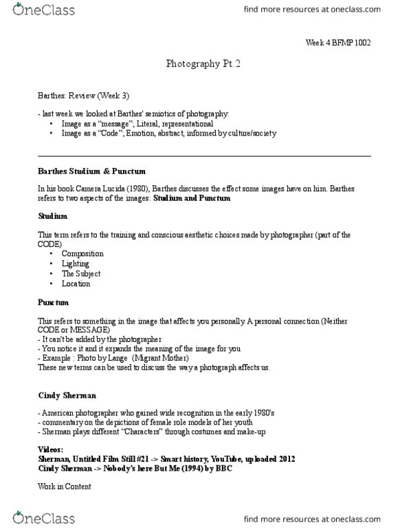 BFMP 1002 Lecture Notes - Lecture 4: Cindy Sherman, Florence Owens Thompson, Lucida thumbnail