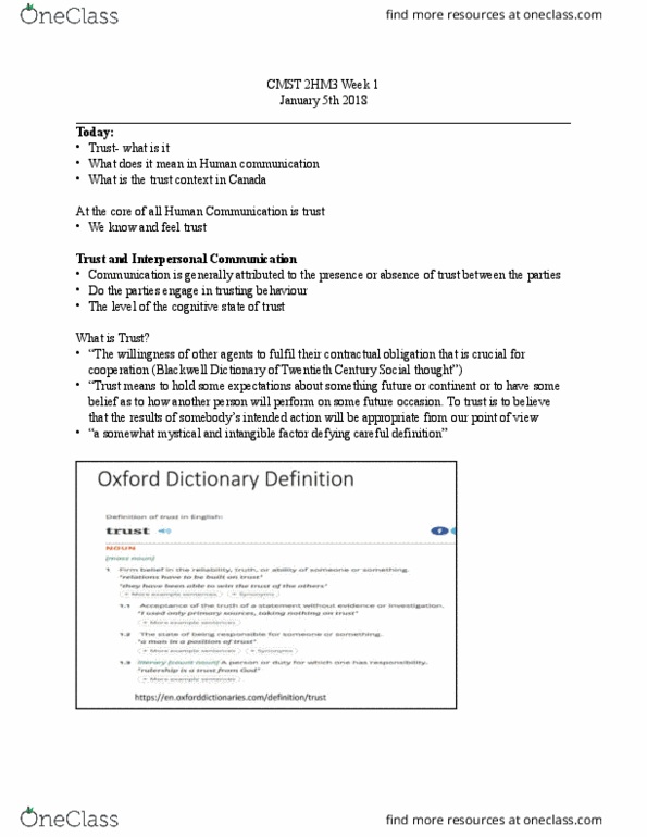 CMST 2HM3 Lecture Notes - Lecture 1: Human Communication thumbnail