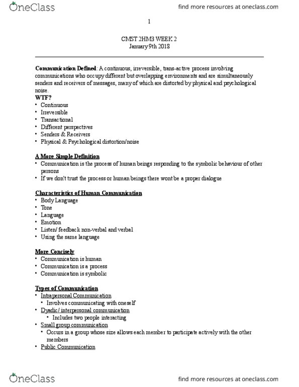 CMST 2HM3 Lecture Notes - Lecture 2: Interpersonal Communication, Channel (Communications), Models 1 thumbnail