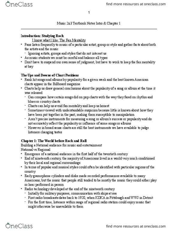 MUSIC 2II3 Chapter Notes - Chapter 1: Pop Style, Play Records, Big Band thumbnail