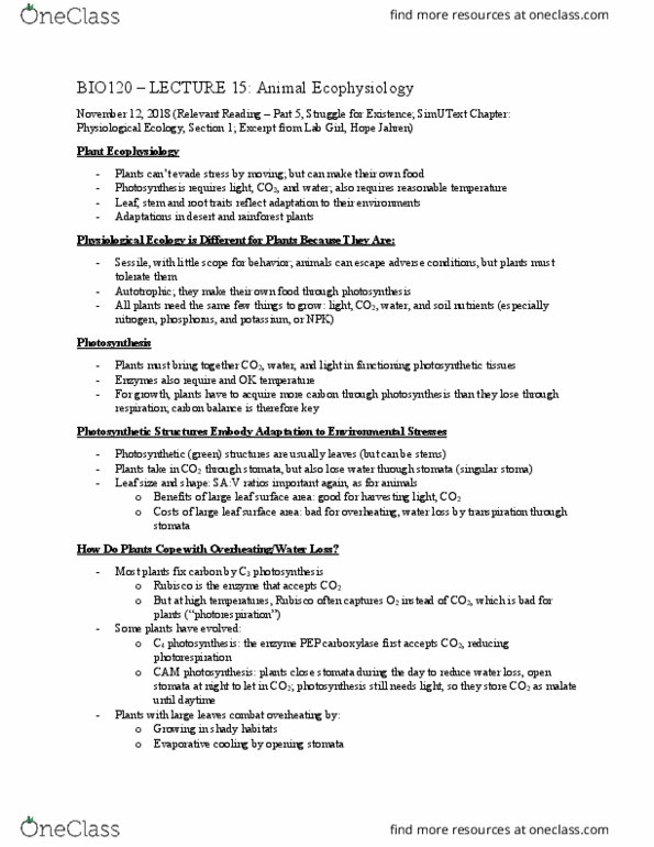 BIO120H1 Lecture Notes - Lecture 15: Crassulacean Acid Metabolism, Ecophysiology, Photorespiration thumbnail