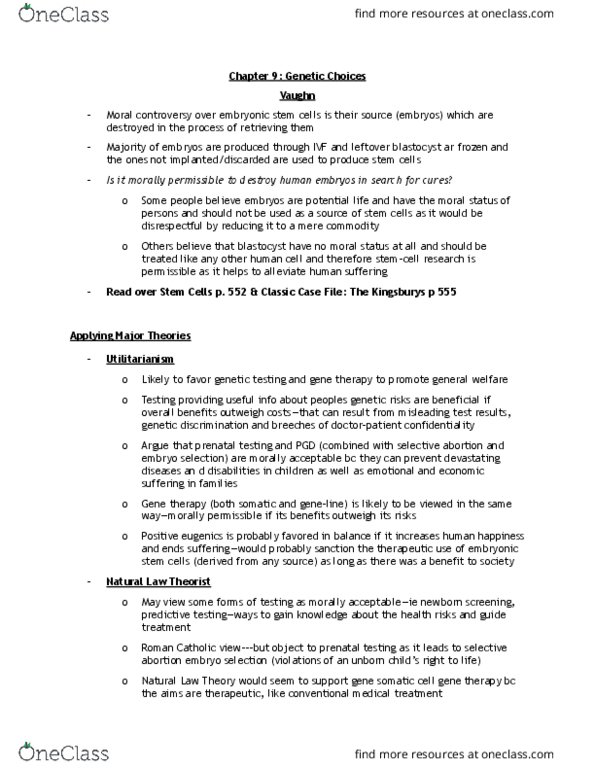 PHLB09H3 Chapter Notes - Chapter 9: Embryonic Stem Cell, Prenatal Diagnosis, Gene Therapy thumbnail