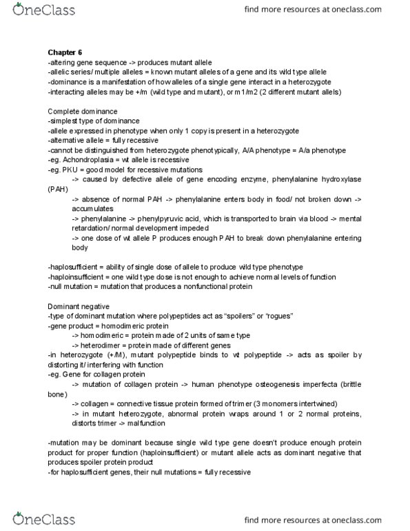 BIOL 221 Chapter Notes - Chapter 6: Phenylalanine Hydroxylase, Osteogenesis Imperfecta, Null Allele thumbnail