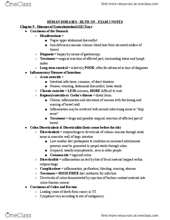 HLTH 335 Lecture Notes - Lecture 34: Diverticulum, Diverticulitis, Diverticulosis thumbnail