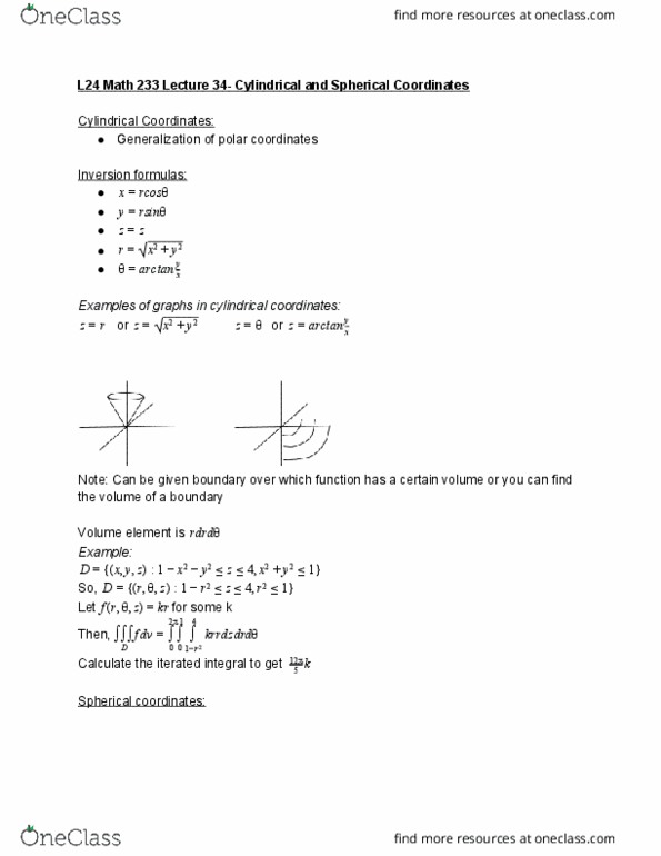 L24 Math 233 Lecture Notes - Lecture 34: Cylindrical Coordinate System, Iterated Integral, Volume Element cover image