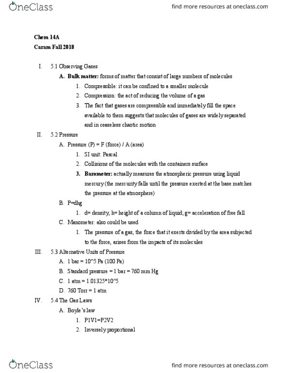 CHEM 14A Chapter Notes - Chapter 5: Surface 3, Pressure Measurement, Molar Volume thumbnail