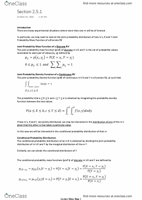 Statistical Sciences 2141A/B Lecture Notes - Lecture 14: Probability Density Function, Probability Mass Function, Joint Probability Distribution thumbnail