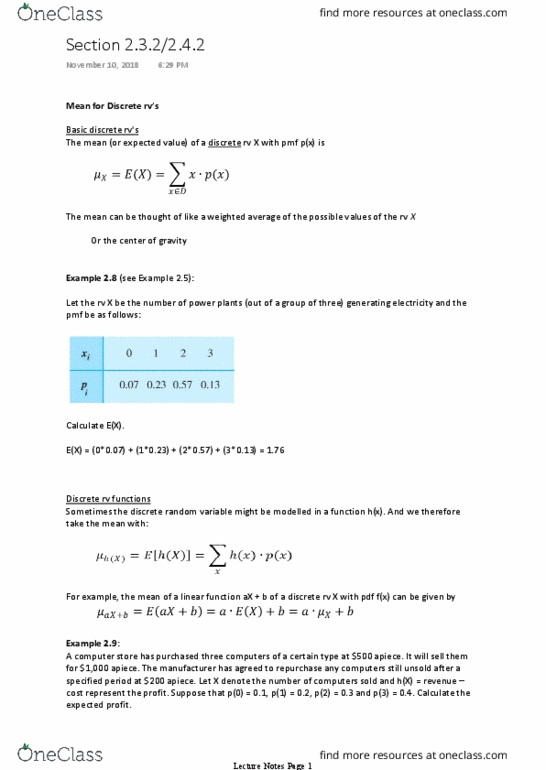 Statistical Sciences 2141A/B Lecture Notes - Lecture 11: Random Variable, Weighted Arithmetic Mean, Probability Distribution thumbnail