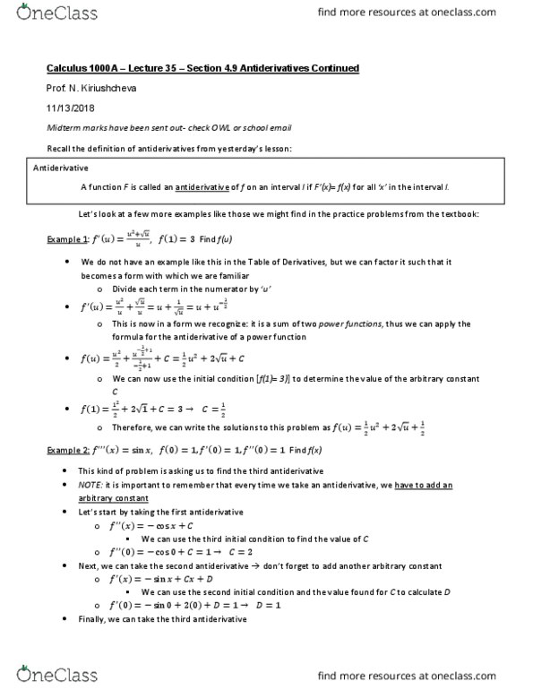 Calculus 1000A/B Lecture Notes - Lecture 35: Summation, Antiderivative cover image