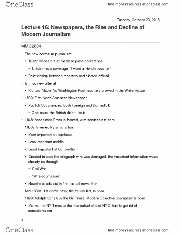 MMC 2604 Lecture Notes - Lecture 16: Adolph Ochs, The New York Times, New Journalism thumbnail