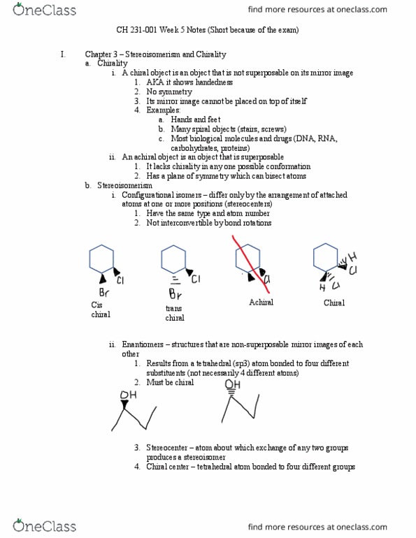 CH 231 Lecture Notes - Lecture 5: Stereoisomerism, Atomic Number, Enantiomer thumbnail