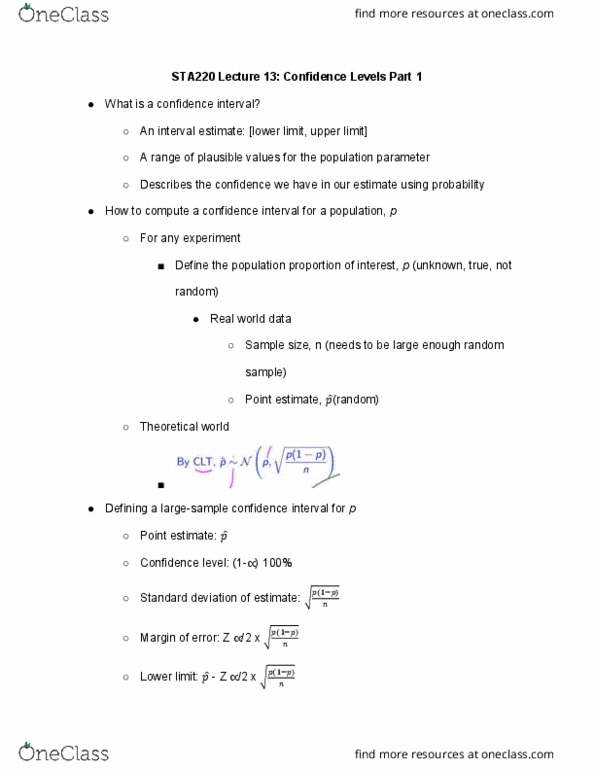 STA220H1 Lecture Notes - Lecture 13: Confidence Interval, Interval Estimation, Statistical Parameter thumbnail