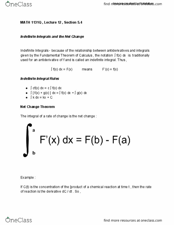 MATH 1131Q Lecture Notes - Lecture 12: Antiderivative cover image