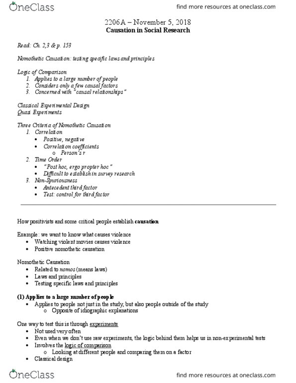 Sociology 2206A/B Lecture Notes - Lecture 12: Spurious Relationship, Nomothetic, Quasi thumbnail