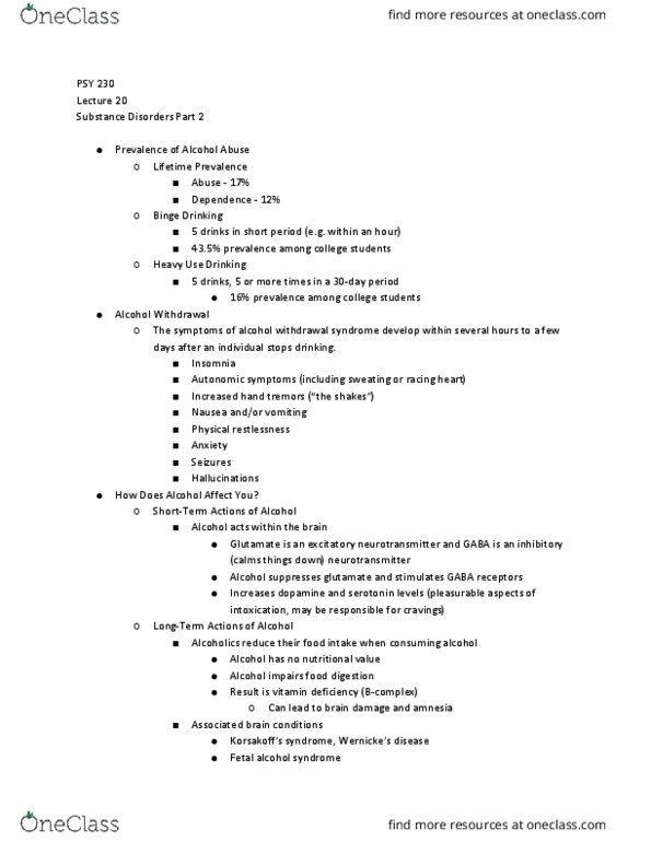 PSY 230 Lecture Notes - Lecture 20: Alcohol Withdrawal Syndrome, Fetal Alcohol Spectrum Disorder, Insomnia thumbnail