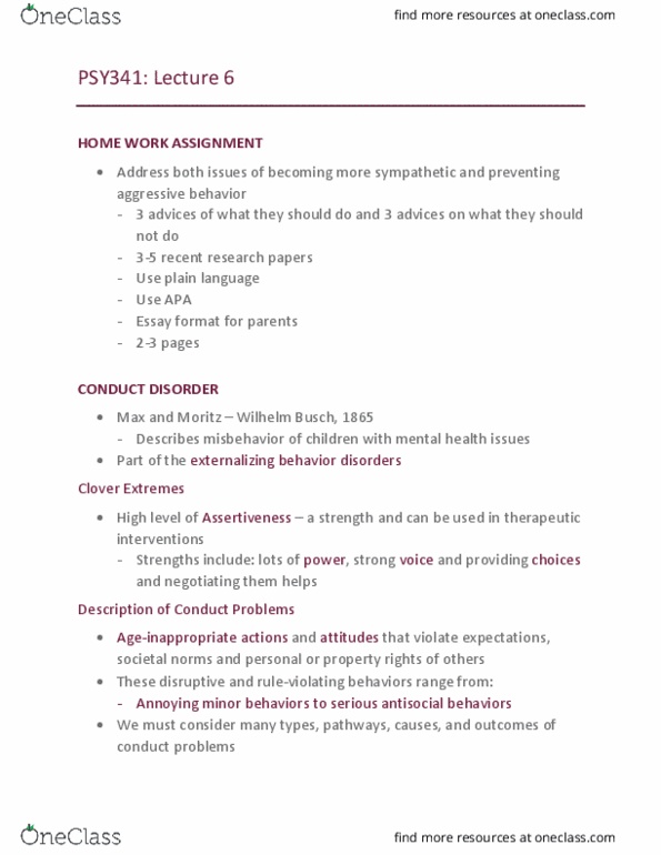 PSY341H5 Lecture Notes - Lecture 6: Externalizing Disorders, Conduct Disorder, Mental Disorder thumbnail