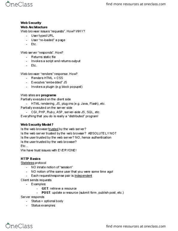 CSE 127 Lecture Notes - Lecture 13: Web Browser, Web Server, Stateless Protocol thumbnail