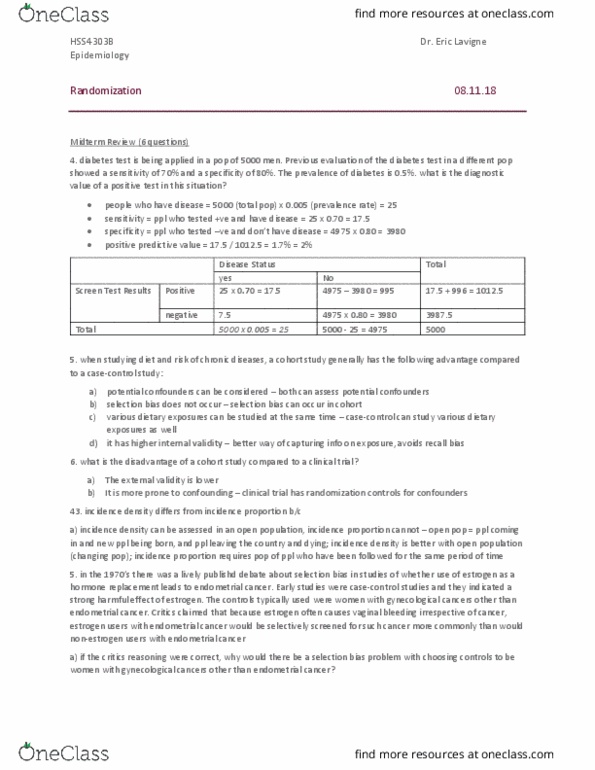 HSS 4303 Lecture Notes - Lecture 9: Endometrial Cancer, Vaginal Bleeding, Cohort Study thumbnail