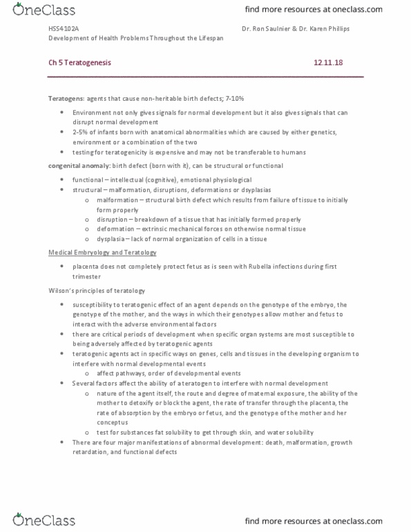 HSS 4102 Lecture Notes - Lecture 14: Congenital Disorder, Teratology, Conceptus thumbnail