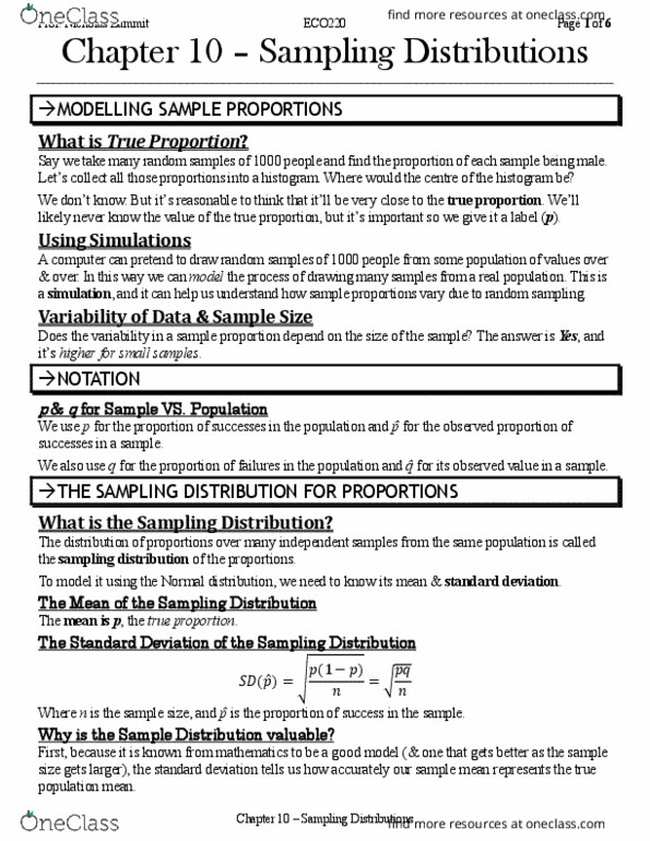 ECO220Y5 Chapter Notes - Chapter 10: Sampling Distribution, Standard Deviation, Normal Distribution thumbnail