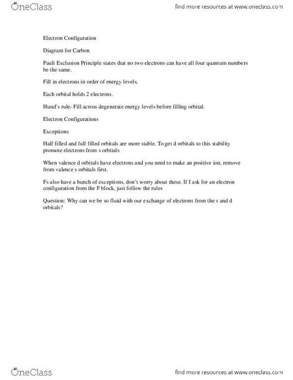 CHEM 1A Lecture Notes - Pauli Exclusion Principle, Electron Configuration thumbnail