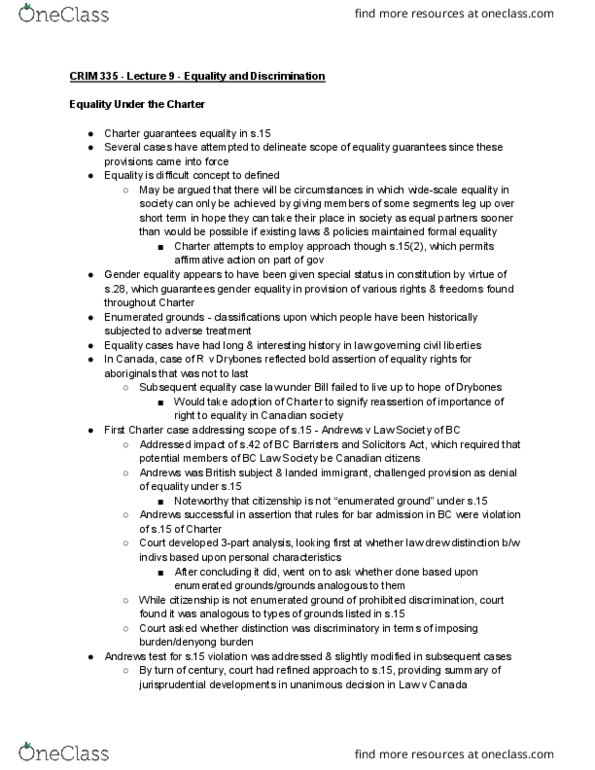 CRIM 335 Lecture Notes - Lecture 9: R V Drybones, Permanent Residency In Canada, British Subject thumbnail