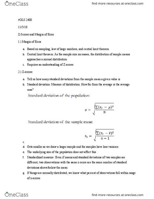 POLS 2400 Lecture Notes - Lecture 14: Central Limit Theorem, Standard Deviation thumbnail