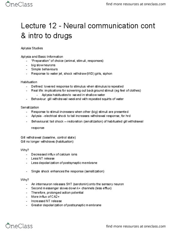 PSY 2301 Lecture Notes - Lecture 12: Aplysia, Sensory Neuron, Second Messenger System thumbnail