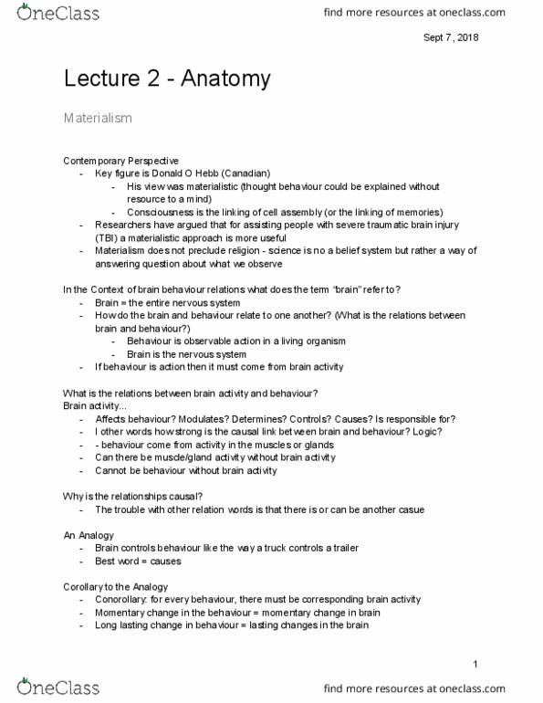 PSY 2301 Lecture Notes - Lecture 2: Cranial Nerves, Traumatic Brain Injury, Materialism thumbnail