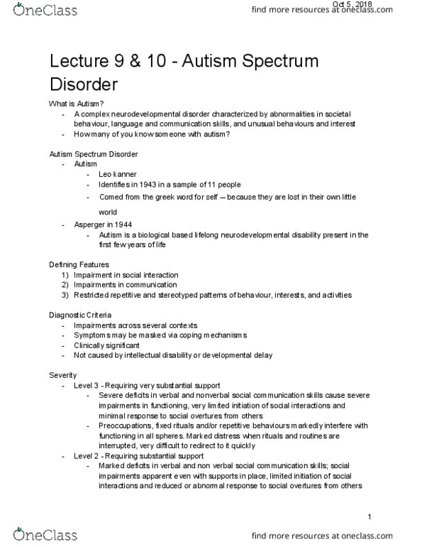 PSY 4105 Lecture Notes - Lecture 9: Autism Spectrum, Leo Kanner, Neurodevelopmental Disorder thumbnail