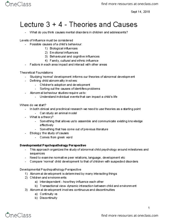 PSY 4105 Lecture Notes - Lecture 3: Child Psychopathology, Model Organism, Etiology thumbnail