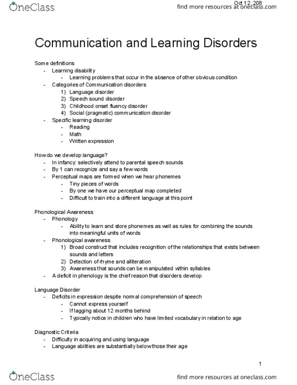 PSY 4105 Lecture Notes - Lecture 11: Speech Sound Disorder, Phonological Awareness, Communication Disorder thumbnail
