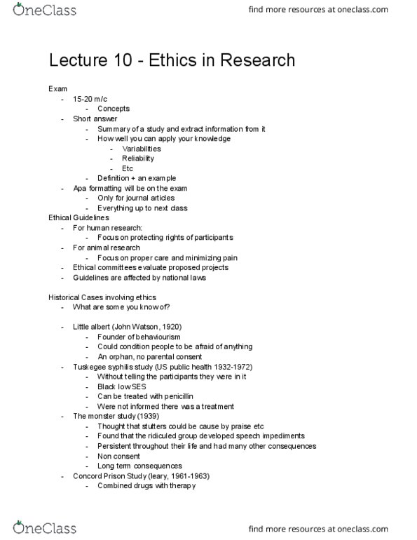 PSY 2174 Lecture Notes - Lecture 10: Monster Study, Little Albert Experiment, Informed Consent thumbnail