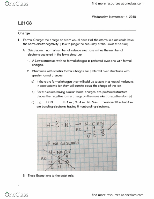 CHE K121 Lecture Notes - Lecture 21: Formal Charge, Lewis Structure, Octet Rule thumbnail